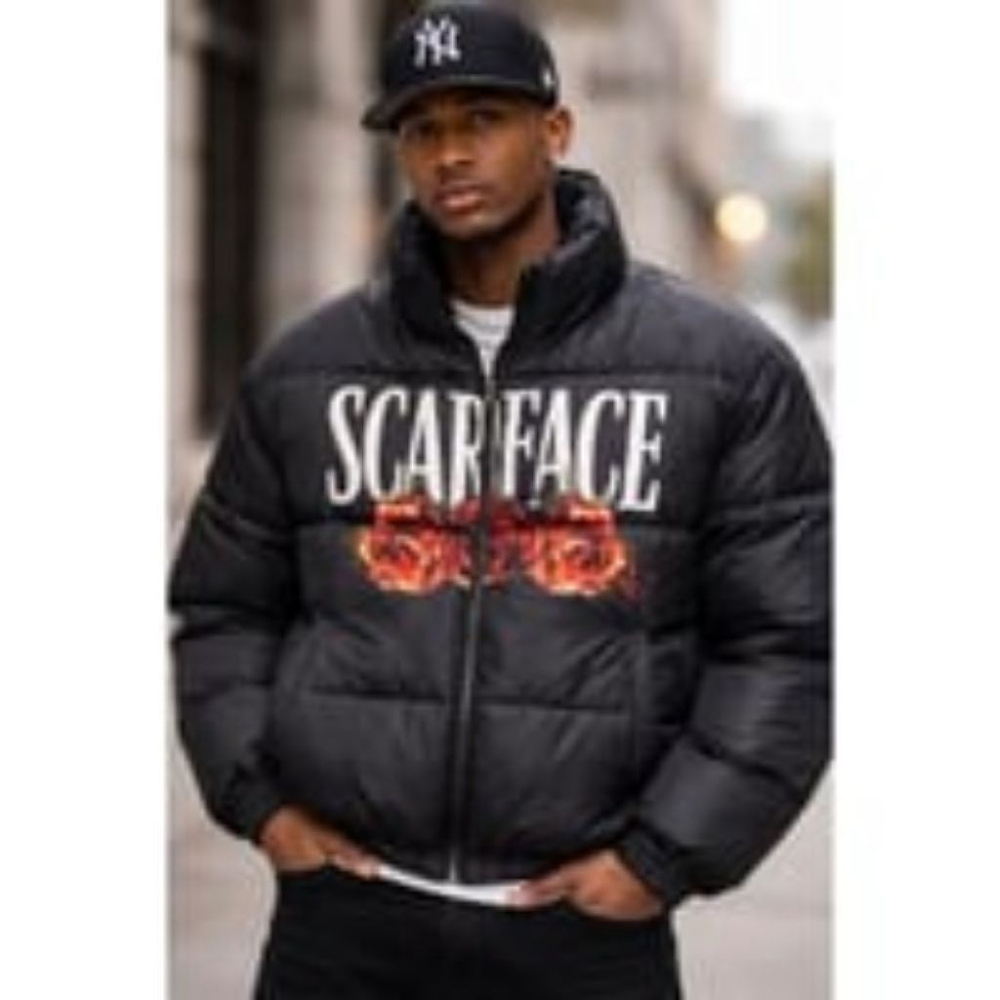 Men's Scarface Puffer Jacket L Black with Red Roses Limited Edition Streetwear